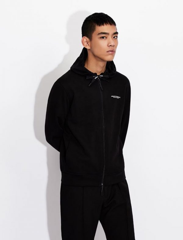 ARMANI EXCHANGE – Cardigan in Felpa di Cotone con Cappuccio Nero