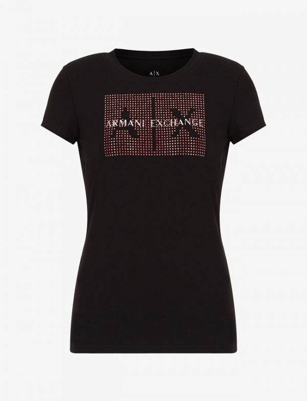 ARMANI EXCHANGE-T-shirt slim fit con strass DONNA NERO