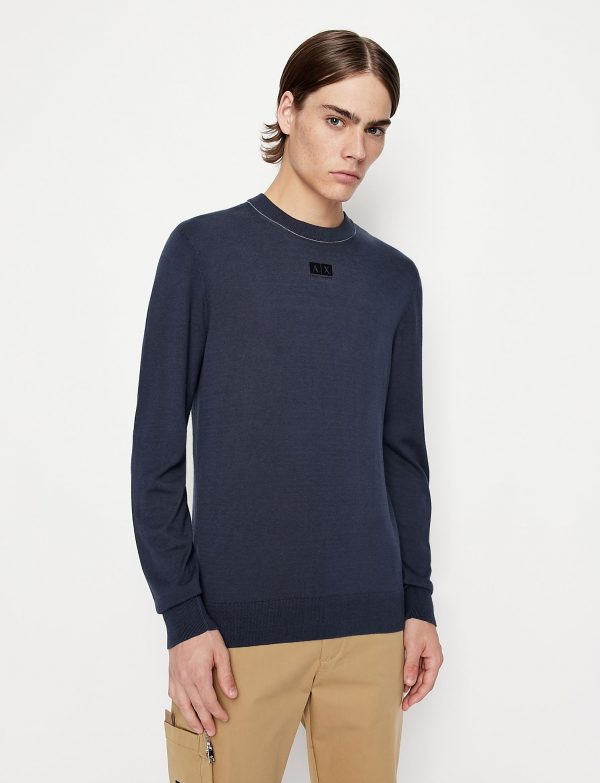 ARMANI EXCHANGE – Maglioncino Uomo Girocollo e Tinta Unita Blue Navy
