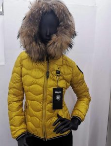 BLAUER-PIUMINO A ONDE CON CAPPUCCIO E PELLICCIA GIALLO DONNA