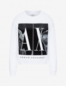 ARMANI EXCHANGE – Felpa Donna Tinta Unita con Stampa Sfondo a Contrasto Bianco