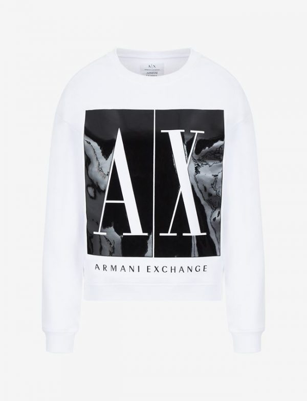 ARMANI EXCHANGE – Felpa Donna Tinta Unita con Stampa Sfondo a Contrasto Bianco