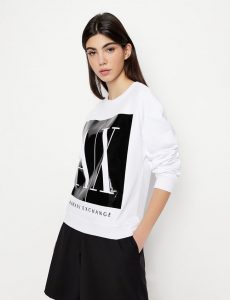 ARMANI EXCHANGE – Felpa Donna Tinta Unita con Stampa Sfondo a Contrasto Bianco