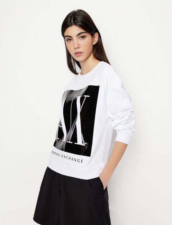 ARMANI EXCHANGE – Felpa Donna Tinta Unita con Stampa Sfondo a Contrasto Bianco