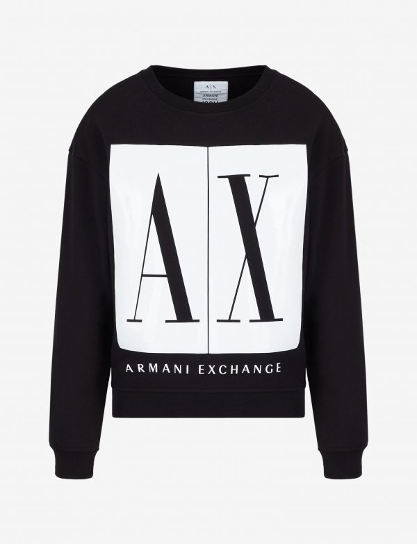 ARMANI EXCHANGE – Felpa Donna Tinta Unita con Stampa Sfondo a Contrasto Nera