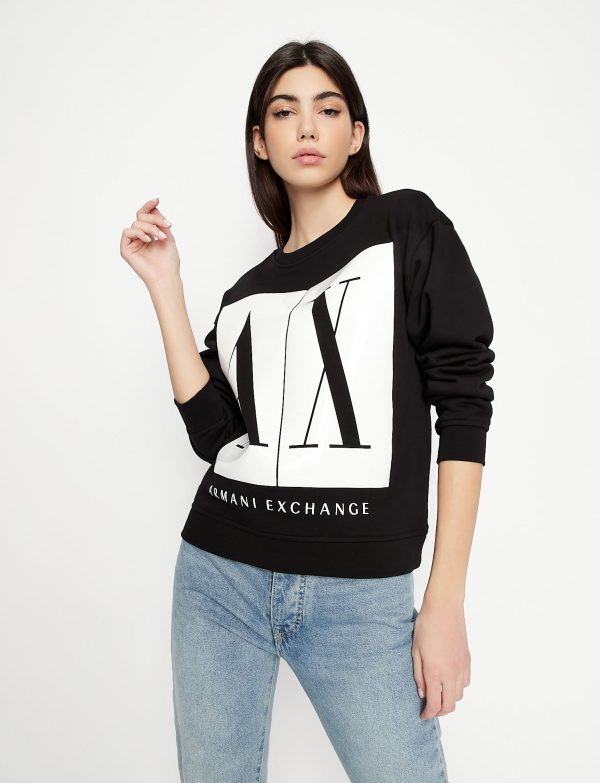 ARMANI EXCHANGE – Felpa Donna Tinta Unita con Stampa Sfondo a Contrasto Nera