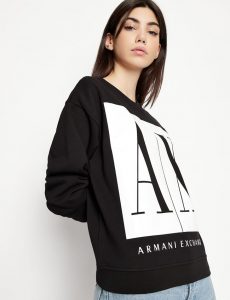 ARMANI EXCHANGE – Felpa Donna Tinta Unita con Stampa Sfondo a Contrasto Nera