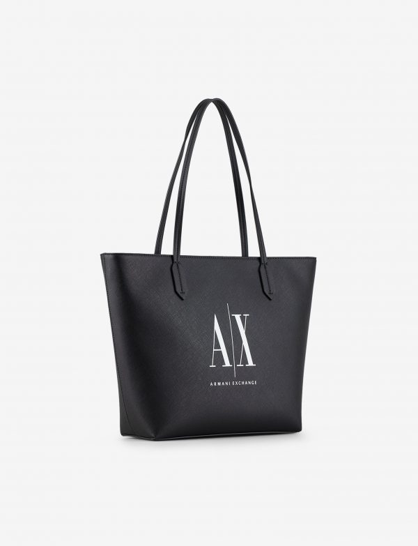 ARMANI EXCHANGE – Borsa Donna Shopper con Doppi Manici in Eco-Saffiano con Logo Nero