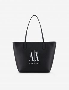 ARMANI EXCHANGE – Borsa Donna Shopper con Doppi Manici in Eco-Saffiano con Logo Nero