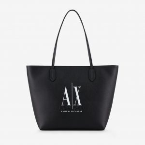 ARMANI EXCHANGE – Borsa Donna Shopper con Doppi Manici in Eco-Saffiano con Logo Nero