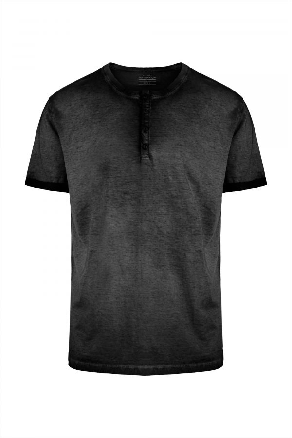 BOMBOOGIE-T-shirt in Cotone Tinta a Freddo con Abbottonatura a “Serafino” NERO FADE