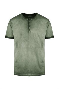 BOMBOOGIE-T-shirt in Cotone Tinta a Freddo con Abbottonatura a “Serafino” OLIVE NIGHT FADE