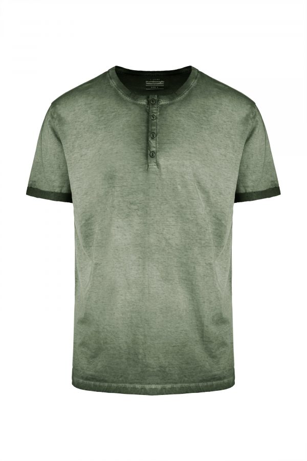 BOMBOOGIE-T-shirt in Cotone Tinta a Freddo con Abbottonatura a “Serafino” OLIVE NIGHT FADE