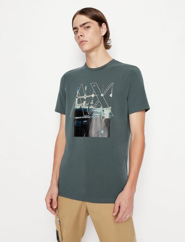 ARMANI EXCHANGE-T-SHIRT VERDE SCURO CON STAMPA