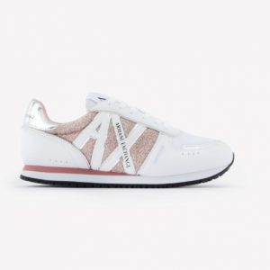 ARMANI EXCHANGE – Sneakers bianche Donna in mesh e microfibra con scritta logo e inserto laterale in glitter rosa
