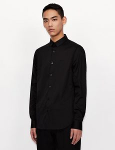 ARMANI EXCHANGE – Camicia in cotone stretch con logo tono su tono Nera