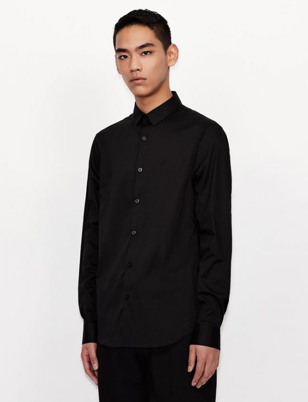 ARMANI EXCHANGE – Camicia in cotone stretch con logo tono su tono Nera