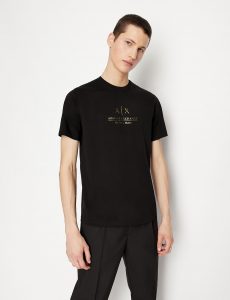 ARMANI EXCHANGE – T-shirt girocollo in jersey di cotone mercerizzato NERA con logo GOLD