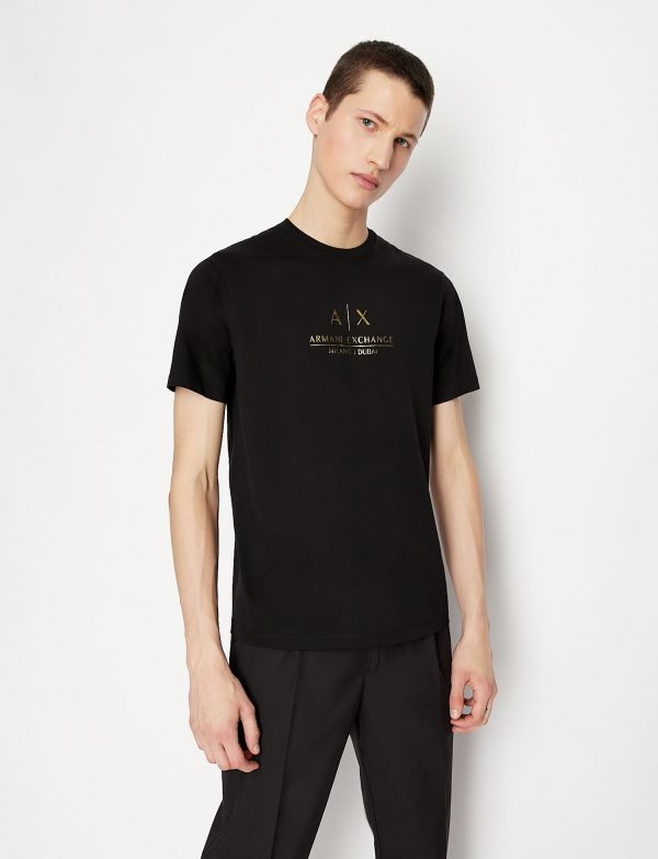 ARMANI EXCHANGE – T-shirt girocollo in jersey di cotone mercerizzato NERA con logo GOLD