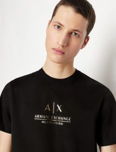 ARMANI EXCHANGE – T-shirt girocollo in jersey di cotone mercerizzato NERA con logo GOLD