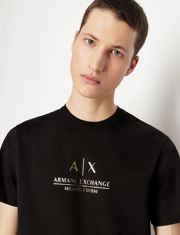 ARMANI EXCHANGE – T-shirt girocollo in jersey di cotone mercerizzato NERA con logo GOLD