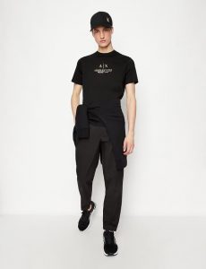 ARMANI EXCHANGE – T-shirt girocollo in jersey di cotone mercerizzato NERA con logo GOLD