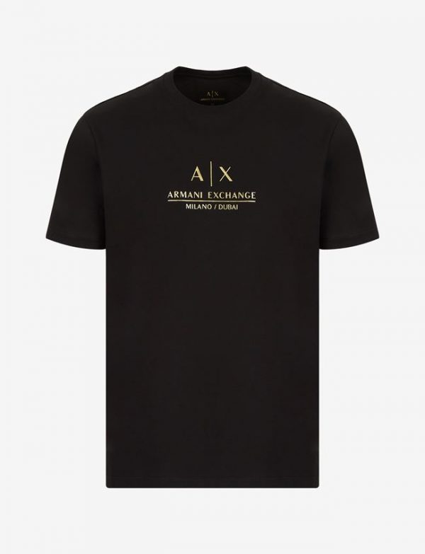 ARMANI EXCHANGE – T-shirt girocollo in jersey di cotone mercerizzato NERA con logo GOLD