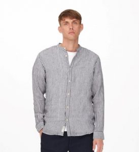 ONLY&SONS – CAMICIA DI LINO A STRISCIE BIANCO/Blu
