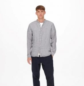ONLY&SONS – CAMICIA DI LINO A STRISCIE BIANCO/Blu