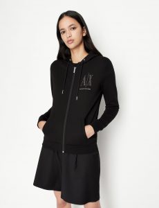 ARMANI EXCHANGE – Felpa Donna Cardigan con Cappuccio e Logo con Applicazioni Nero