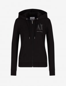 ARMANI EXCHANGE – Felpa Donna Cardigan con Cappuccio e Logo con Applicazioni Nero