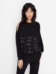 ARMANI EXCHANGE – Felpa Donna in Cotone Organico Tagli Décor sulle Spalle Nero