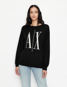 ARMANI EXCHANGE – Maglione Donna Girocollo in Lana Merino e Logo Jacquard a Contrasto