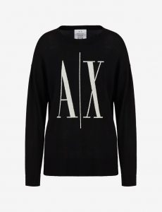 ARMANI EXCHANGE – Maglione Donna Girocollo in Lana Merino e Logo Jacquard a Contrasto