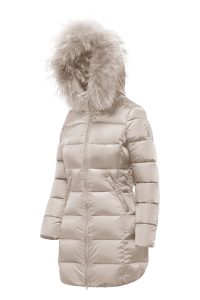 BOMBOOGIE – Piumino Lungo in Nylon Bright con Cappuccio in Pelliccia Crystal Grey