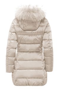 BOMBOOGIE – Piumino Lungo in Nylon Bright con Cappuccio in Pelliccia Crystal Grey
