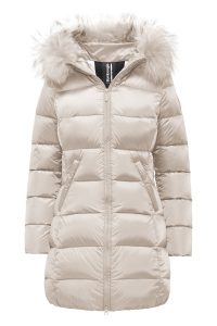 BOMBOOGIE – Piumino Lungo in Nylon Bright con Cappuccio in Pelliccia Crystal Grey