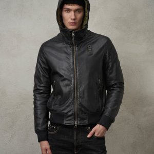 BLAUER – Bomber Uomo in Pelle con Cappuccio Henry Nero