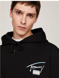 TOMMY HILFIGER – Felpa Uomo con Cappuccio e Logo Metallizzato Nero