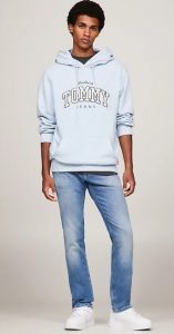 TOMMY HILFIGER – Felpa Uomo Varsity con Cappuccio e Logo Breezy Blue