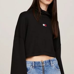 TOMMY HILFIGER – Felpa Donna Crop con Collo Dolcevita e Distintivo Nero