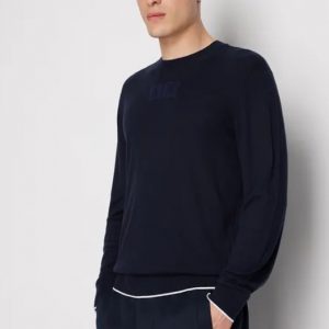 ARMANI EXCHANGE – Maglione Girocollo in Cotone Viscosa e Seta Blu Navy