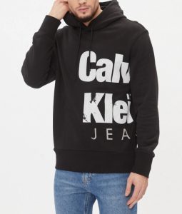 CALVIN KLEIN JEANS – Felpa Uomo con Cappuccio e Logo in Cotone Taglio Relaxed Nero