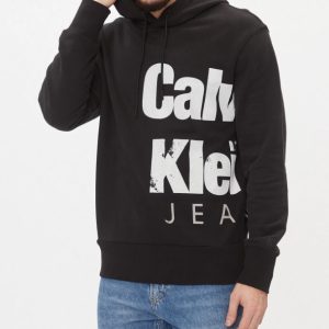 CALVIN KLEIN JEANS – Felpa Uomo con Cappuccio e Logo in Cotone Taglio Relaxed Nero
