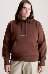 CALVIN KLEIN JEANS – Felpa con Cappuccio in Pile Misto Cotone Marrone Scuro
