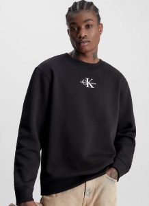 CALVIN KLEIN JEANS – Felpa in Pile di Misto Cotone e Logo Centrale Nero