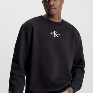 CALVIN KLEIN JEANS – Felpa in Pile di Misto Cotone e Logo Centrale Nero