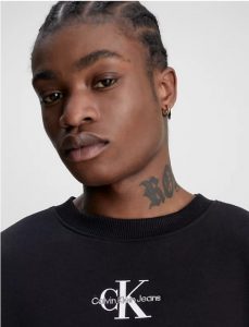 CALVIN KLEIN JEANS – Felpa in Pile di Misto Cotone e Logo Centrale Nero
