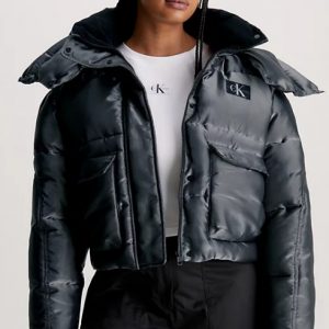 CALVIN KLEIN JEANS – Piumino Donna con Cappuccio Effetto Metallico Liquido