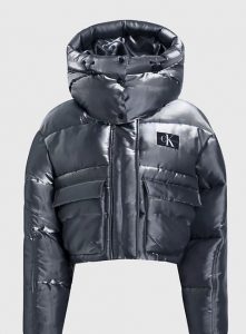 CALVIN KLEIN JEANS – Piumino Donna con Cappuccio Effetto Metallico Liquido